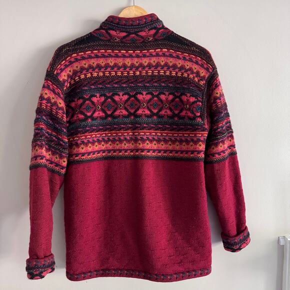 Icelandic Design Red Fair Isle Wool Button Front Cardigan Sweater Size Medium - Picture 7 of 7